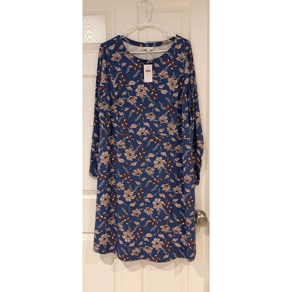 NWT J. Jill Blue Floral Long Sleeve Rayon Stretch Dress Cottagecore Beach Vaca